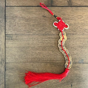 Brass Chinese Feng Shui I Ching Divination Coins 10 Coin Red Tassel Ancient Chinese Dynasty Time Coin Good Luck Health Wealth