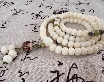 White Bodhi Root Mala Beads Bracelet | 108 Prayer Beads Meditation Necklace | Spiritual Yoga Jewelry Protection Lucy Bracelet 9mmX7mm beads