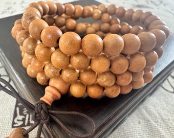 Handmade Natural Peach Wood Mala Bracelet 108 Beads Wooden Necklace Meditation Protection Calming Energy Buddhist Prayer Beads 6mm