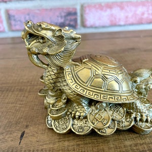 12OZ Golden Brass Feng Shui Dragon Turtle Chinese Statue Wealth Lucky Figurine Home Decor Housewarming Idea for Office Desk Computer  Shelf