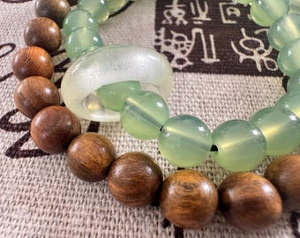 Handmade Natural Sandalwood Bracelet With Jade Meditation Protection Calming Energy Buddhist Prayer Wooden Beads 8mm