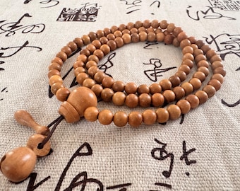 Handmade Natural Peach Wood Mala Bracelet 108 Beads Wooden Fish MUYU Necklace Meditation Protection Calming Energy Buddhist Prayer Beads 8mm