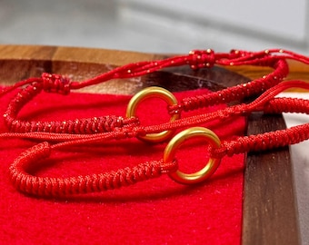 Red String Bracelet with Gold Plated Plain Round Ring Lucky Gift Bracelet Red Lucky Wish Protection Jewelry Adjustable Customized Minimalist