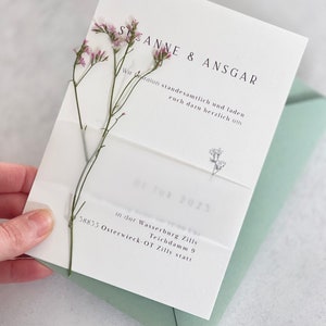 Personalisierte Hochzeitseinladung, Einladungskarten zur Hochzeit, transparente Banderole, Büttenpapier glatte oder gerissene Kanten