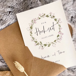 Biglietto di auguri di matrimonio personalizzato, biglietto di nozze con busta, ghirlanda floreale di biglietto di auguri di matrimonio