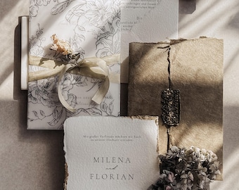Huwelijksuitnodiging, huwelijksuitnodigingskaarten, save-the-date kaarten, handgeschept papier, handgeschept papier, gepersonaliseerd, huwelijksset