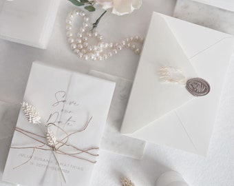 Personalisierte Save the Date Karten , Einladung zur Hochzeit, minimalistisch, elegant, schlicht, modern auf Büttenpapier