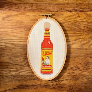 Cholula-Inspired Hot Sauce Bottle Cross-Stitch Pattern (PDF digital download) - easy fun quirky cute cross stitch embroidery for food lovers