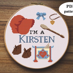 American Girl doll &quot;I&#39;m a Kirsten&quot; Cross-Stitch Pattern (Kirsten Larson) - fun cute millennial nostalgia embroidery needlepoint pattern