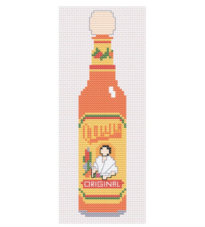 Puede incluir: Una botella de salsa picante roja y amarilla con una tapa blanca. La etiqueta dice "Original" y presenta una caricatura de una persona con un uniforme de chef blanco.