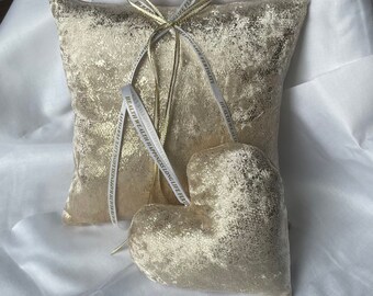 Ring Bearer Pillow with Blessing Ribbons & Mini Heart in Gold or Silver.  Can be Personalised with Embroidery/Luxury Wedding Keepsake Set.