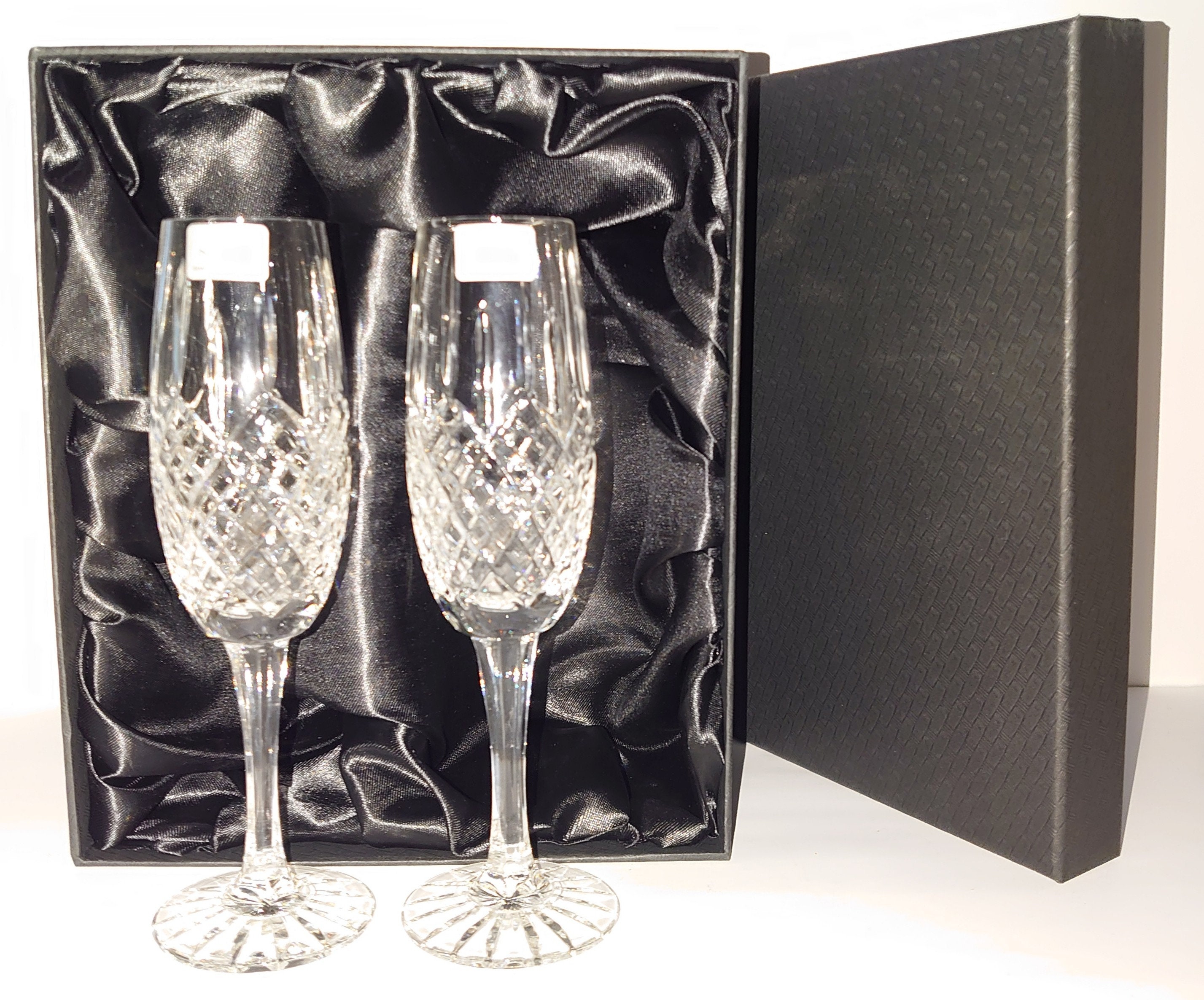 Pair of 24% Hand Cut Lead Crystal Champagne Flutes in Presentation Box