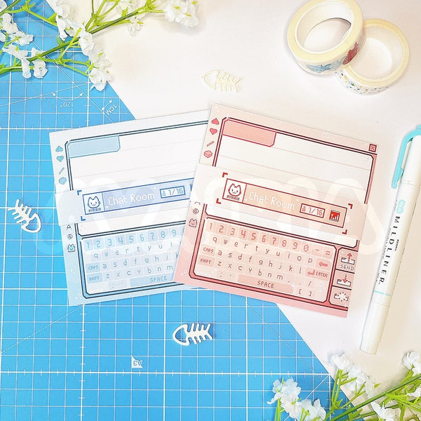 Retro Chat Room Memo Pad! | Square Memo Pad | Pink and Blue | Retro Notepad, Cute Notepad, Cute Illustration