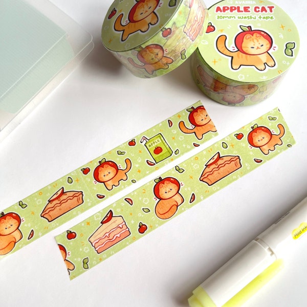 Apple Cat Washi Tape | 20mm x 10m | Cute Washi Tape, Journaling, Bullet Journal, Scrapbooking, Bujo, Kawaii Stationery