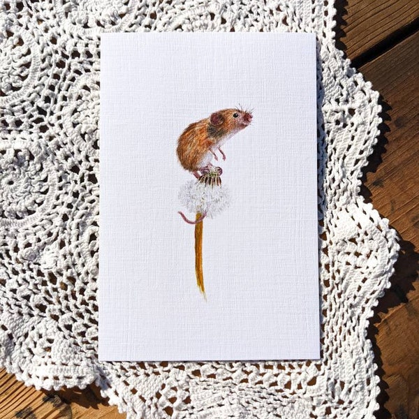 Harvest Mouse Watercolor Print | 4”x6” Signed Archival Quality Fine Art Print, River Linen Paper