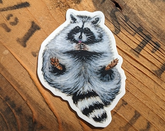May include: A sticker featuring a cartoon raccoon sitting in a meditative pose with its paws folded in its lap. The raccoon has a black mask and a white belly. The sticker is printed on white paper.