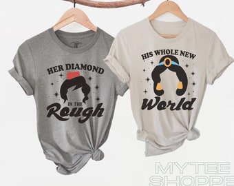 Diamond in the rough, whole new world, prince and princess, his and hers, jasmin and aladdin, mr and mrs, couple shirts, matching shirts