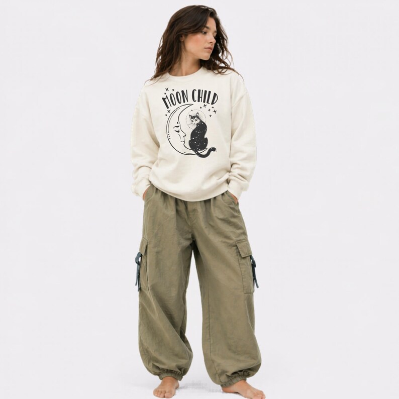 moon child sweatshirt celestial cat graphic cozy witchy aesthetic sweater spiritual outfit.