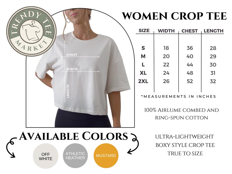 Puede incluir: Una camiseta corta blanca de Trendy Tee Market. La camiseta es ultraligera, de estilo holgado y fiel a la talla. Disponible en blanco roto, gris deportivo y mostaza. Medidas en pulgadas para las tallas S-2XL. Fabricada en 100% algod&oacute;n peinado y hilado en anillo Airlume.