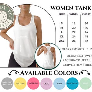 Puede incluir: Camiseta sin mangas blanca para mujer con detalle de espalda nadadora. La imagen incluye una tabla de tallas con medidas en pulgadas y una paleta de colores con opciones como blanco, amarillo y turquesa. El texto dice "Trendy Tee Market."
