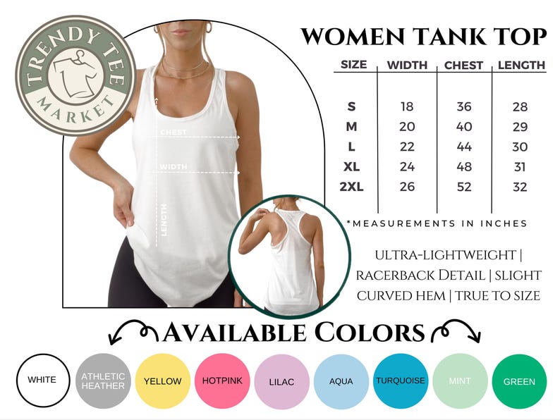 Puede incluir: Camiseta sin mangas blanca para mujer con detalle de espalda nadadora. La imagen incluye una tabla de tallas con medidas en pulgadas y una paleta de colores con opciones como blanco, amarillo y turquesa. El texto dice "Trendy Tee Market."