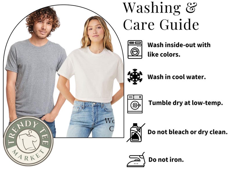 Puede incluir: Imagen que muestra a un hombre y una mujer con camisetas. El hombre lleva una camiseta gris y la mujer un top corto blanco. El texto dice "Gu&iacute;a de lavado y cuidado" con instrucciones: lavar del rev&eacute;s, agua fr&iacute;a, secar a baja temperatura, no usar lej&iacute;a ni limpiar en seco y no planchar.