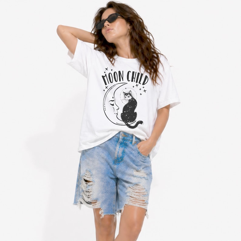 moon child unisex t shirt celestial moon cat graphic relaxed fit spiritual aesthetic tee