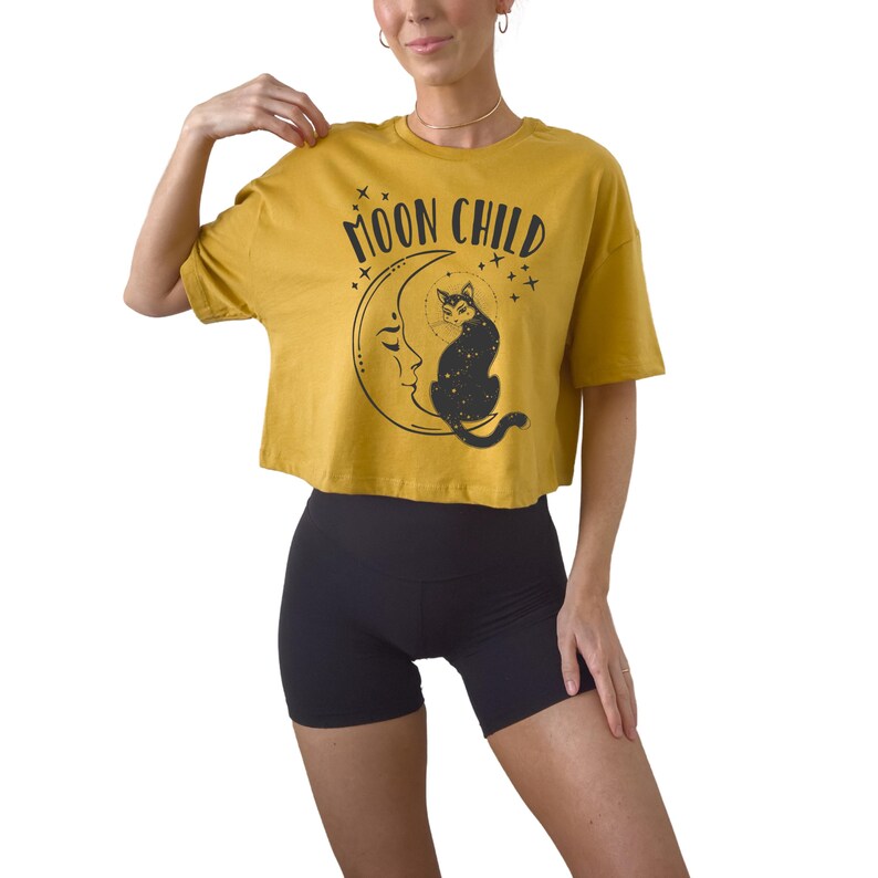 moon child crop tee celestial cat graphic trendy witchy aesthetic cropped shirt