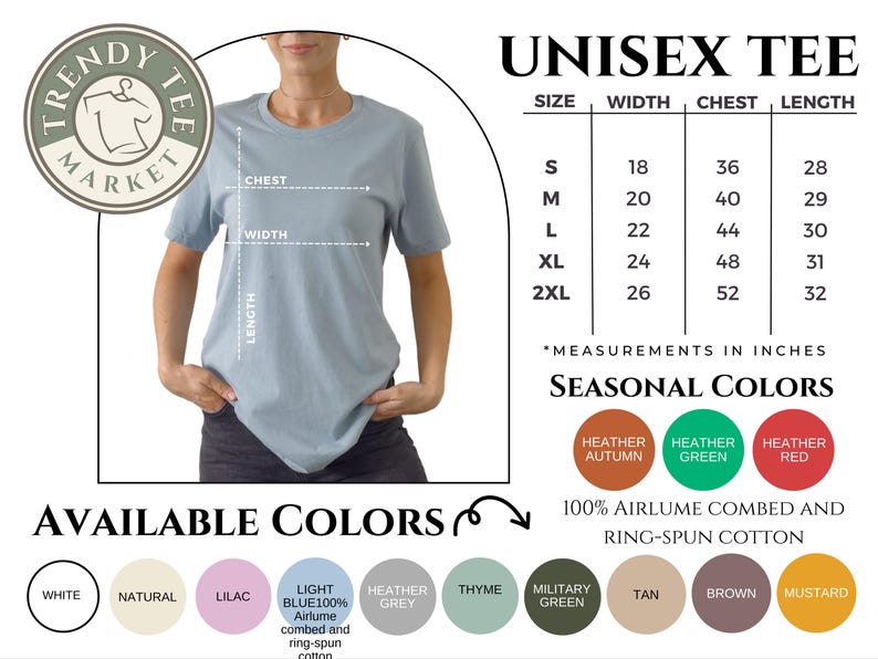 Puede incluir: Camiseta unisex azul claro con una tabla de tallas, opciones de color y el texto "UNISEX TEE". La camiseta est&aacute; hecha de 100% algod&oacute;n Airlume peinado y hilado en anillo. Los colores disponibles incluyen blanco, natural, lila y azul claro.