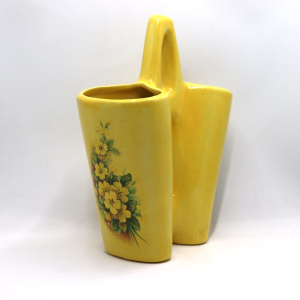 Vintage Yellow Double Sided Ceramic Vase with Handle - Floral Design, Garden Decor, Home Decoration, 7.6 inches tall