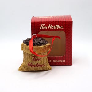 Ozdoba Tim Hortons 2016 z limitowanej edycji woreczka na ziarna kawy – ozdoba dla miłośników kawy, kolekcjonerska reklama Tim Hortons, dekoracja świąteczna