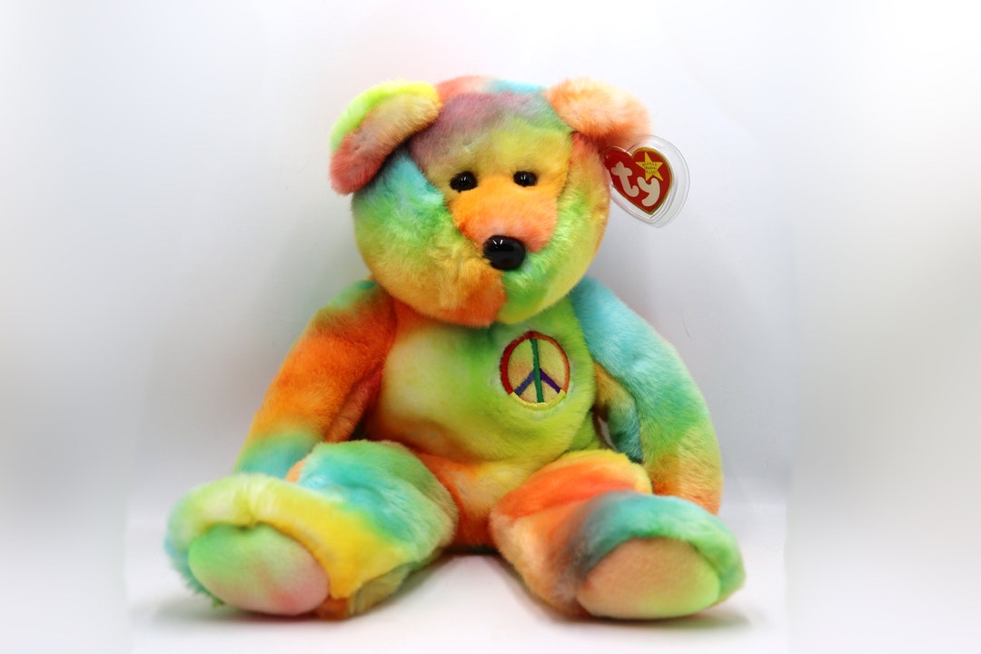 TY Beanie Buddy peace the Tie-dye Bear Plush Bright Coloured Version 14 Inch Rainbow Super Soft ...