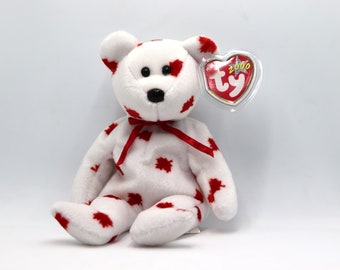 Ty Beanie Baby 'Chinook' the Canadian Flag Bear (2000) - White and Red Teddy Bear with Canadian Leaves, with tag protector