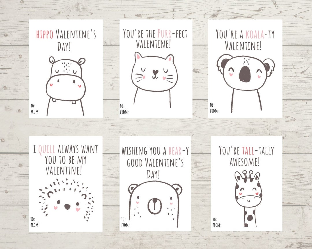 Printable Kids Valentines Cards  Hippo Cat Koala Giraffe Bear