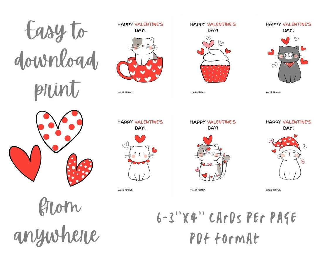 Cat Valentine Cards Printable Cat Valentine Animal Etsy