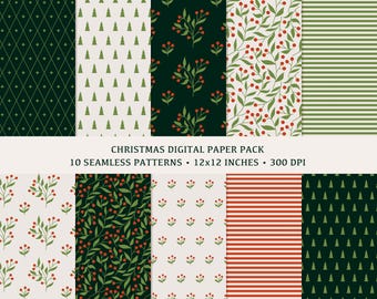 May include: A set of 10 digital Christmas paper patterns. The patterns feature various designs including green and red stripes, green trees on a white background, red berries on a green background, and a green and white diamond pattern. The patterns are 12x12 inches and 300 DPI.