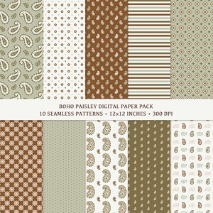 May include: A digital paper pack featuring ten seamless patterns with a boho paisley design. The patterns include paisley, dots, stripes, and geometric shapes in shades of brown, green, and white. The text reads "BOHO PAISLEY DIGITAL PAPER PACK 10 SEAMLESS PATTERNS 12x12 INCHES 300 DPI."