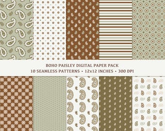 May include: A digital paper pack featuring ten seamless patterns with a boho paisley design. The patterns include paisley, dots, stripes, and geometric shapes in shades of brown, green, and white. The text reads "BOHO PAISLEY DIGITAL PAPER PACK 10 SEAMLESS PATTERNS 12x12 INCHES 300 DPI."