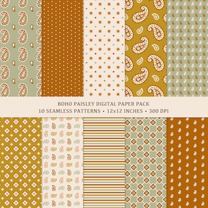 May include: A collection of ten seamless digital paper patterns with a boho paisley theme. The patterns feature various designs, including paisley, polka dots, floral, and geometric shapes in shades of green, orange, and cream. Each pattern is 12x12 inches.