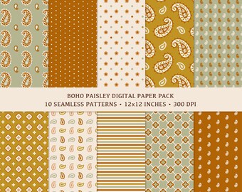 May include: A collection of ten seamless digital paper patterns with a boho paisley theme. The patterns feature various designs, including paisley, polka dots, floral, and geometric shapes in shades of green, orange, and cream. Each pattern is 12x12 inches.