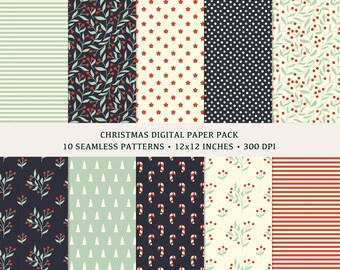 May include: A digital paper pack with 10 seamless Christmas patterns. The patterns include red and white candy canes, red and white stripes, red stars on a cream background, green trees on a cream background, red berries on a cream background, red berries on a dark blue background, red and white stripes on a cream background, and polka dots on a dark blue background.
