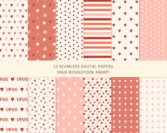 12 Valentine's Day Seamless Digital Papers | Scrapbook Paper | Heart Backgrounds | Digital Paper | Seamless Pattern