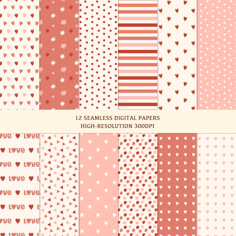 12 Valentine's Day Seamless Digital Papers Scrapbook Paper Heart Backgrounds Digital Paper Seamless Pattern image 1