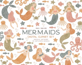 Mermaid Clipart Set | Individual PNG files | Digital Download | Mermaid Clip Art #0002