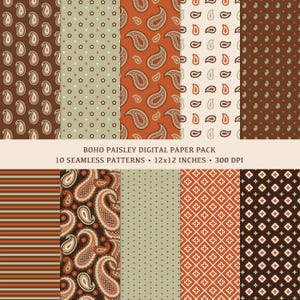 May include: A digital paper pack with 10 seamless patterns featuring paisley designs in shades of brown, orange, and cream. The patterns are 12x12 inches and 300 DPI.