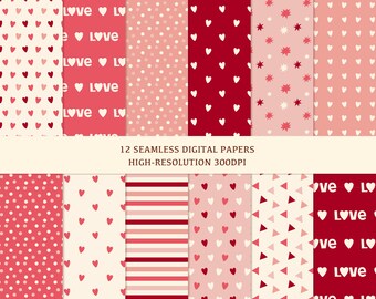 12 Valentine's Day Seamless Digital Papers | Scrapbook Paper | Heart Backgrounds | Digital Paper | Seamless Pattern