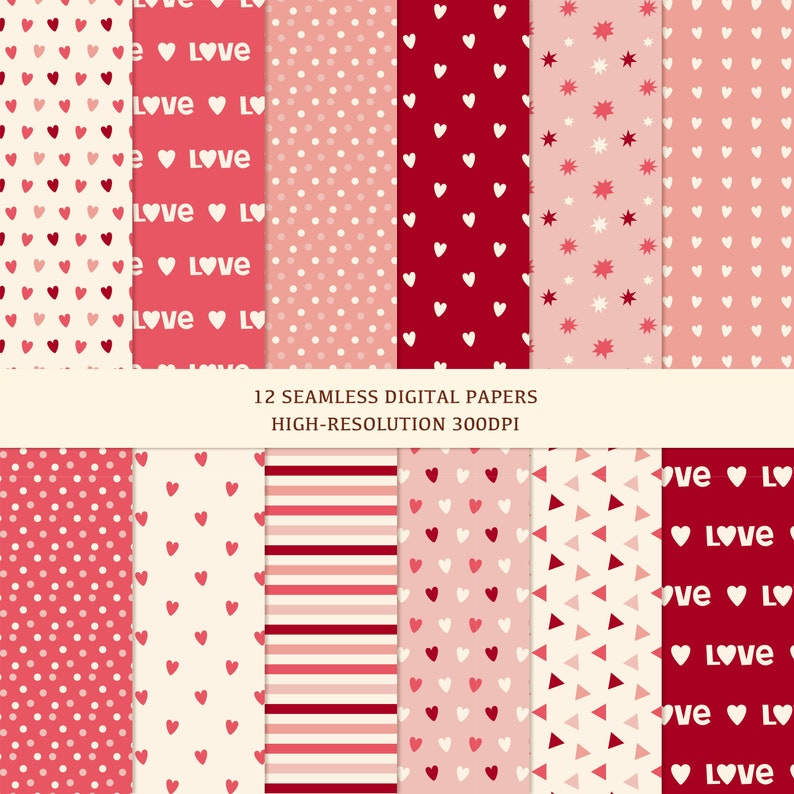 12 Valentine's Day Seamless Digital Papers Scrapbook Paper Heart Backgrounds Digital Paper Seamless Pattern image 1