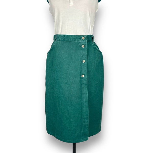 Vintage Dark Forest Green Denim Wrap Skirt 30" Waist Size 6/8 Midi Length Structured Slimming Jean Skirt 1980s/1990s Classic Staple Basic