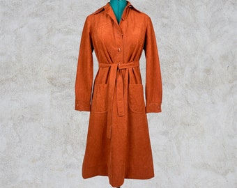 1970s Rust Burnt Orange Long Sleeve Collared Dress with Sash Belt | Red Brown Shirtdress | Retro | A-Line | Midi Length | Cinched waist |