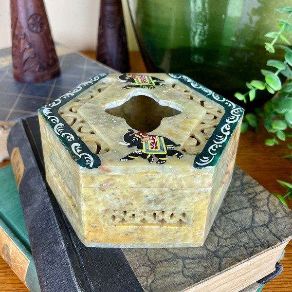 Vintage Carved Soapstone Hexagonal Trinket Box Incense Burner Holder Hand Painted Elephants Indian Jali Boho Potpourri Jewelry Catch All